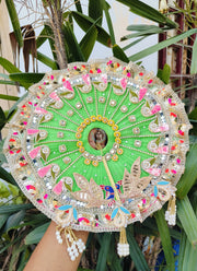 Golden lace with mor patch green dress for laddu ji 