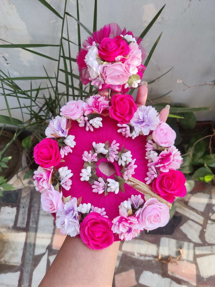 Pink flowers heavy dress with pagdi for laddu gopal ji