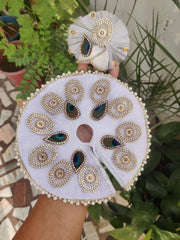 white oval chain heavy dress with pagdi and bansuri for laddu gopal ji