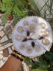 white oval chain heavy dress with pagdi and bansuri for laddu gopal ji