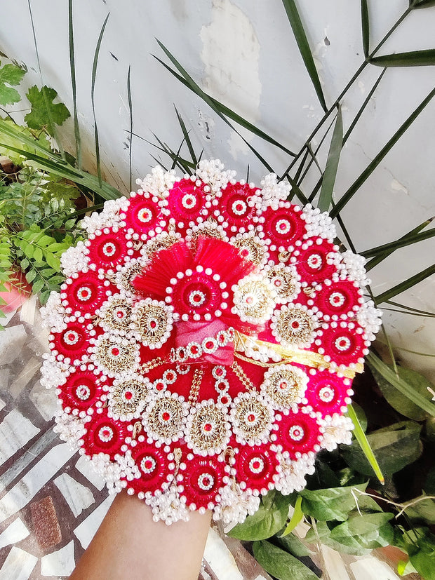 Red heavy croche dress for laddu gopal ji with pagdi and bansuri