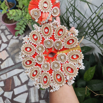 Orange heavy croche dress for laddu gopal ji with pagdi and bansuri