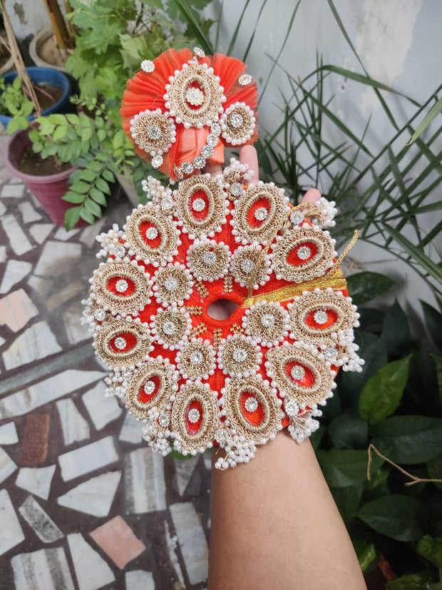 Orange heavy croche dress for laddu gopal ji with pagdi and bansuri