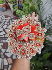 Orange heavy croche dress for laddu gopal ji with pagdi and bansuri