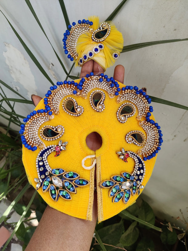 Yellow heavy peacock patch dress with pagdi and bansuri for laddu gopal ji