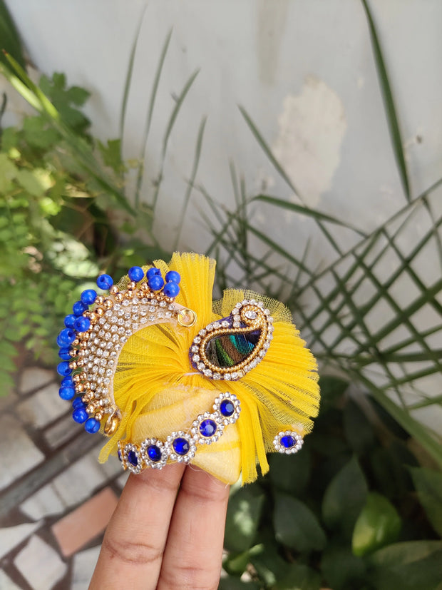 Yellow heavy peacock patch dress with pagdi and bansuri for laddu gopal ji