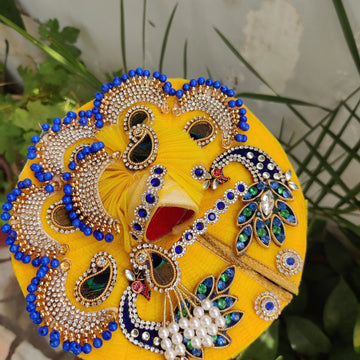 Yellow heavy peacock patch dress with pagdi and bansuri for laddu gopal ji