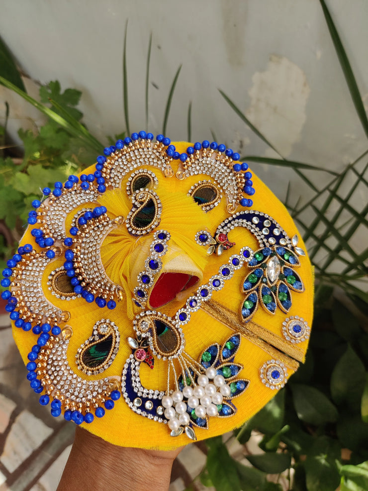 Yellow heavy peacock patch dress with pagdi and bansuri for laddu gopal ji