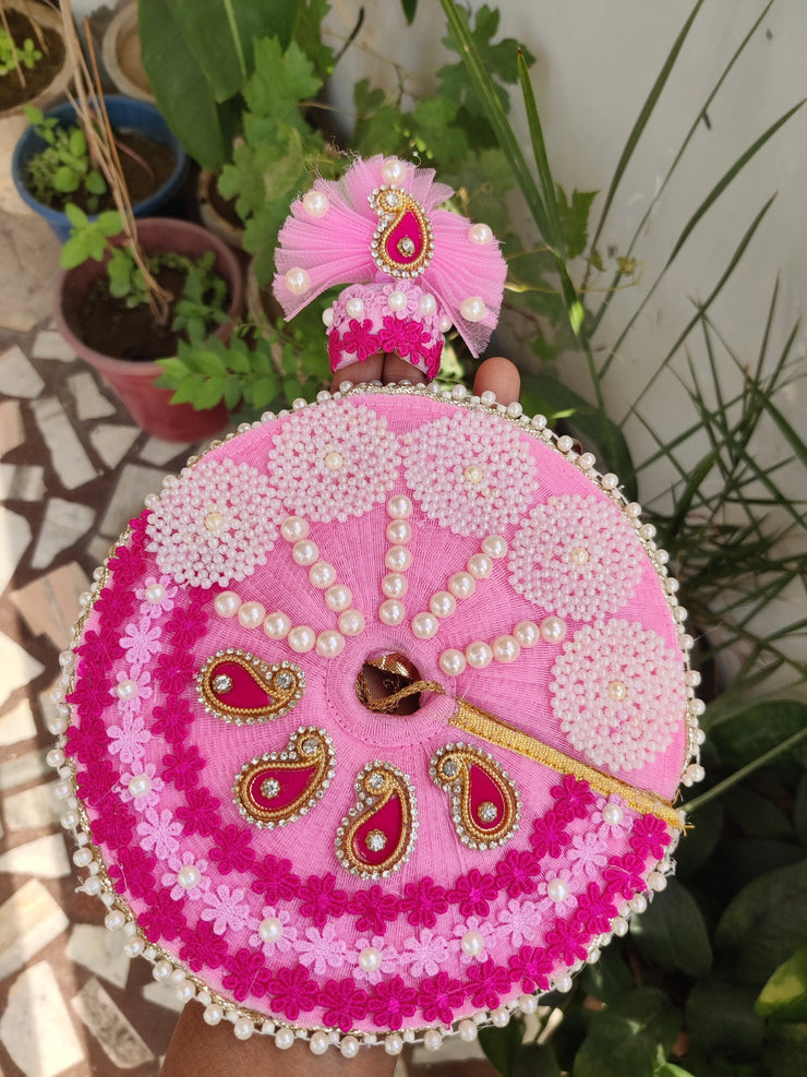 Pink heavy dress with pagdi and basuri for laddu gopal ji