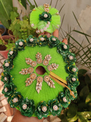 Green bhandej flowers heavy dress with pagdi and bansuri for laddu gopal ji