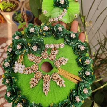 Green bhandej flowers heavy dress with pagdi and bansuri for laddu gopal ji