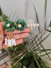 Green bhandej flowers heavy dress with pagdi and bansuri for laddu gopal ji