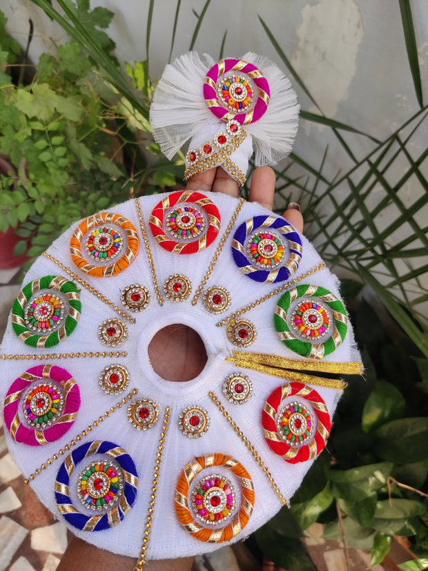 White rings with chid rounds heavy dress with pagdi for laddu gopal ji