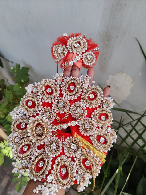 Orange heavy croche dress for laddu gopal ji with pagdi and bansuri