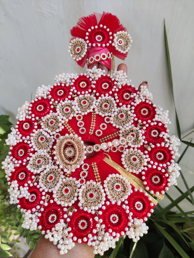 Red heavy croche dress for laddu gopal ji with pagdi and bansuri