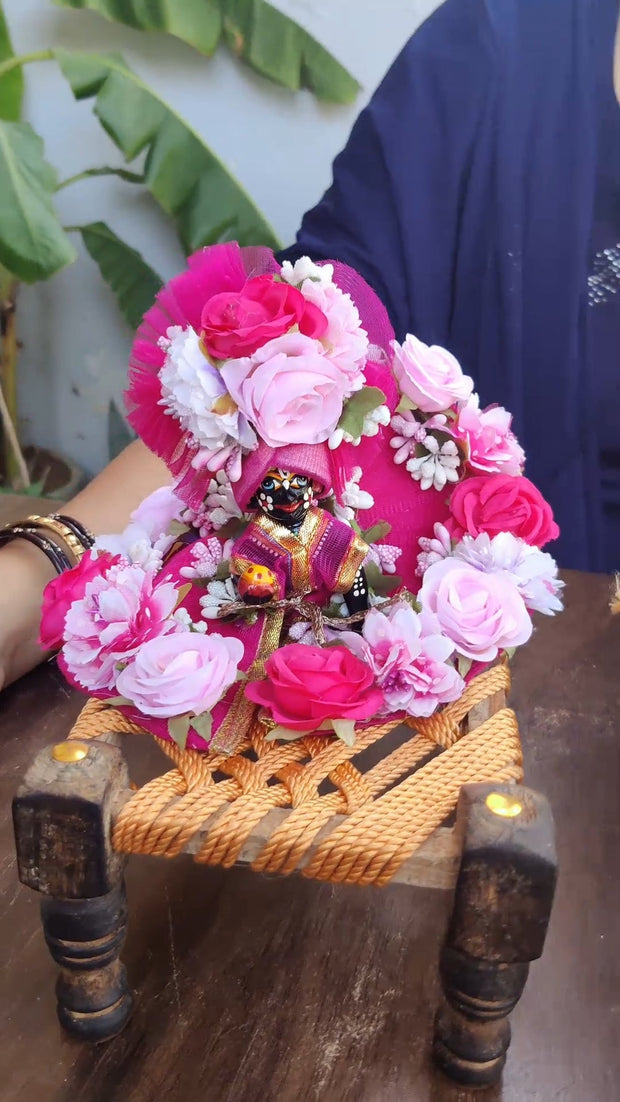 Pink flowers heavy dress with pagdi and wooden manja Combo for laddu gopal ji