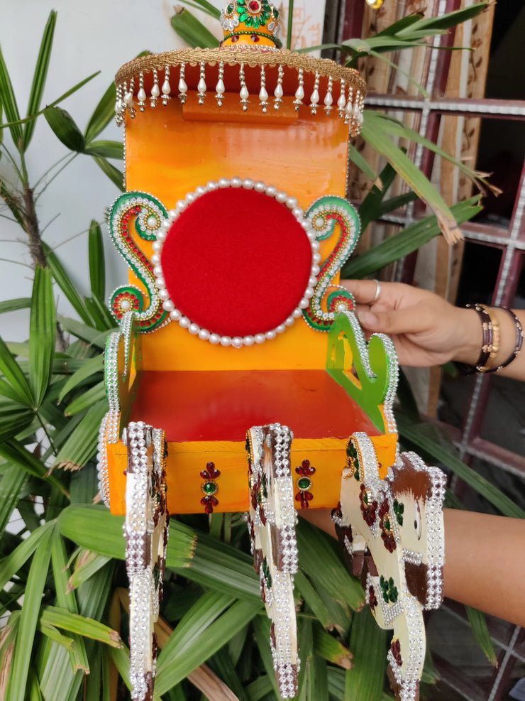 Three horse unique design wooden rath for laddu gopal ji