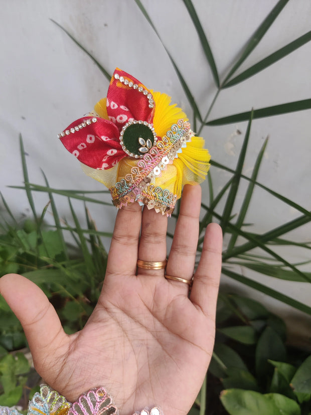 Red yellow heavy bhandej patti with pagadi and patka janmashtami special dress for laddu gopal ji