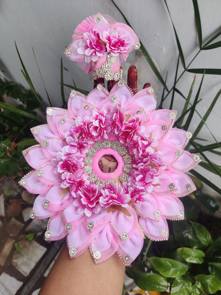 Diwali special baby pink flower heavy dress with pagdi and choli for laddu gopal ji