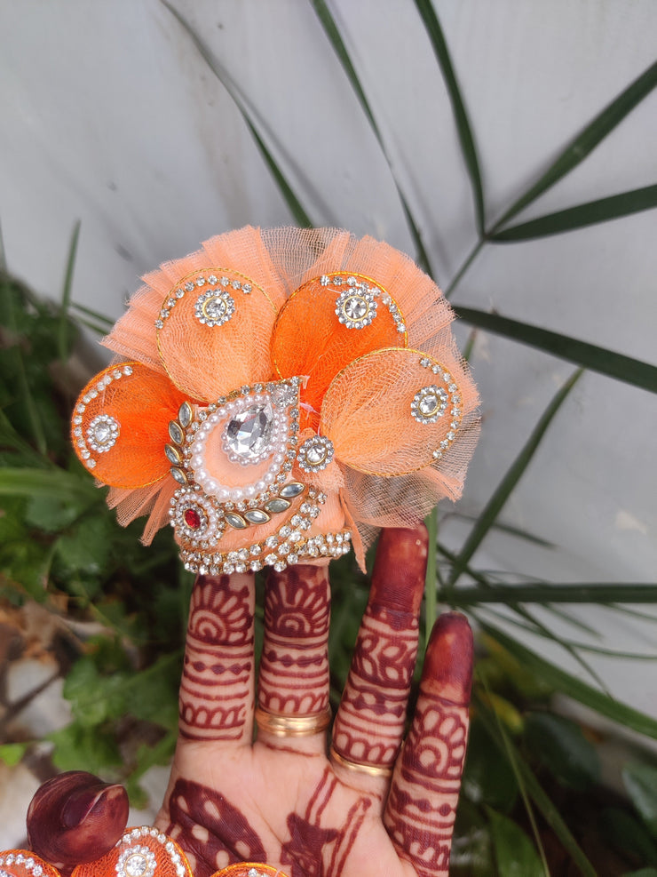 Peach ring leaf design heavy dress with pagdi and choli for laddu gopal ji