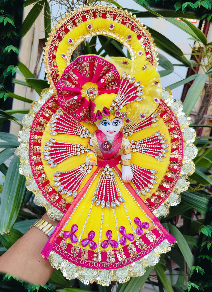 Fancy chakra dress yellow and rani color combination heavy dress for laddu gopal with pagdi and choli