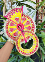 Fancy chakra dress yellow and rani color combination heavy dress for laddu gopal with pagdi and choli