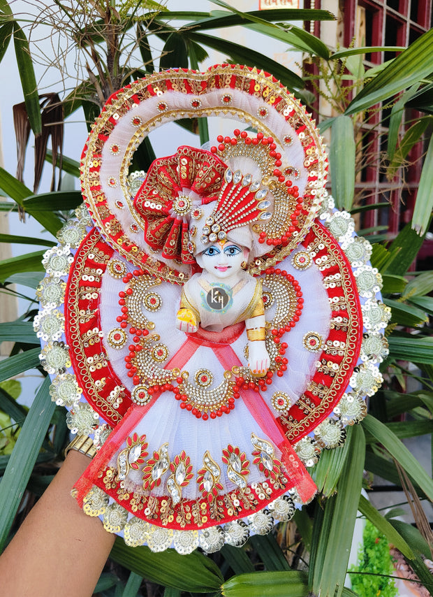 Festival special fancy chakra dress for laddu gopal ji with pagdi and choli in red and white combination