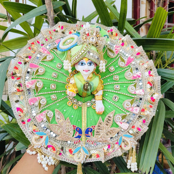 Multi mor patch with green net base dress for laddu ji 