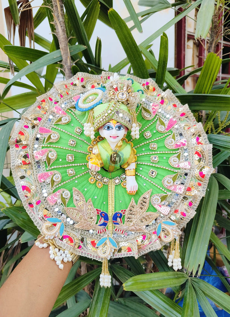 Multi mor patch with green net base dress for laddu ji 
