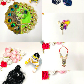 Laddu gopal diwali shringar full green morpankh dress, mala, bansuri, kangan, nappy, hair and kalangi combo