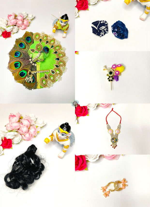Laddu gopal diwali shringar full green morpankh dress, mala, bansuri, kangan, nappy, hair and kalangi combo