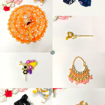 Peach ring leaf design dress, bansuri, kangan, nappy, hair and kalangi combo for laddu gopal ji