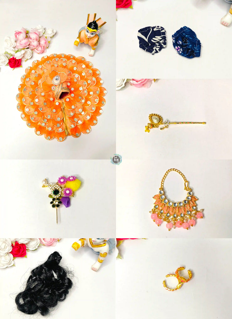 Peach ring leaf design dress, bansuri, kangan, nappy, hair and kalangi combo for laddu gopal ji