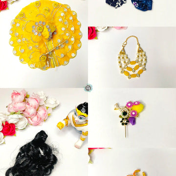 Yellow patti butterfly dress, bansuri, kangan, nappy, hair and kalangi combo for laddu gopal ji