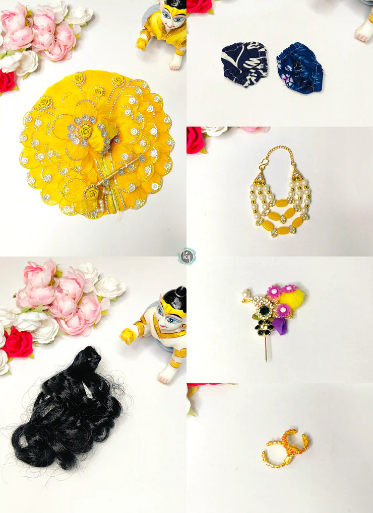 Yellow patti butterfly dress, bansuri, kangan, nappy, hair and kalangi combo for laddu gopal ji