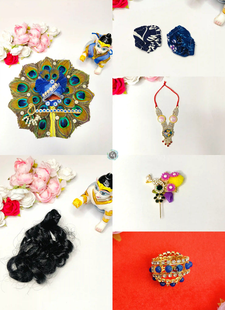 Laddu gopal diwali shringar full morpankh dress, mala, bansuri, kangan, nappy, hair and kalangi combo