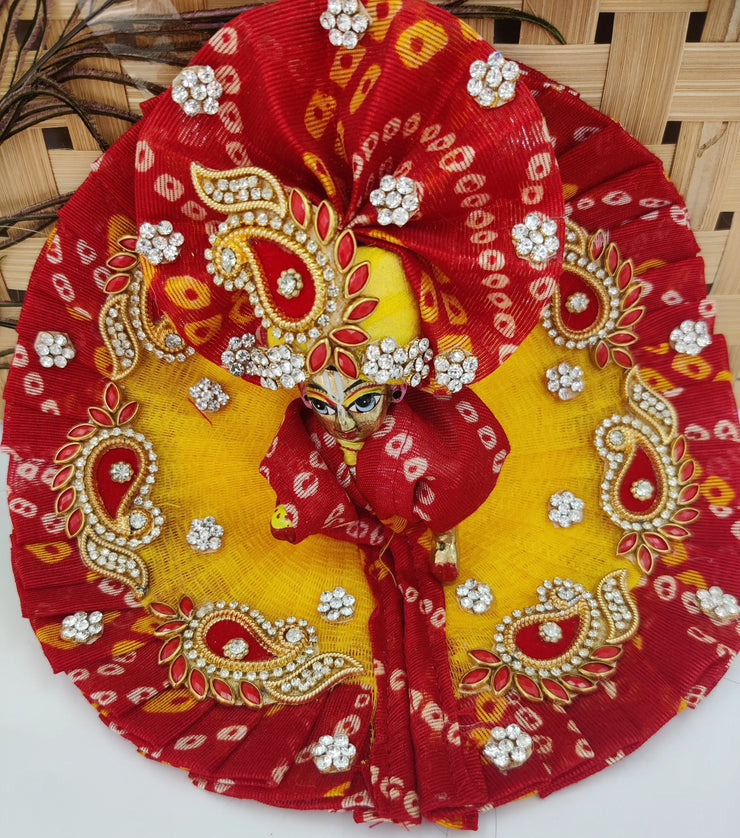 Red yellow bandhej heavy dress with pagdi and patka