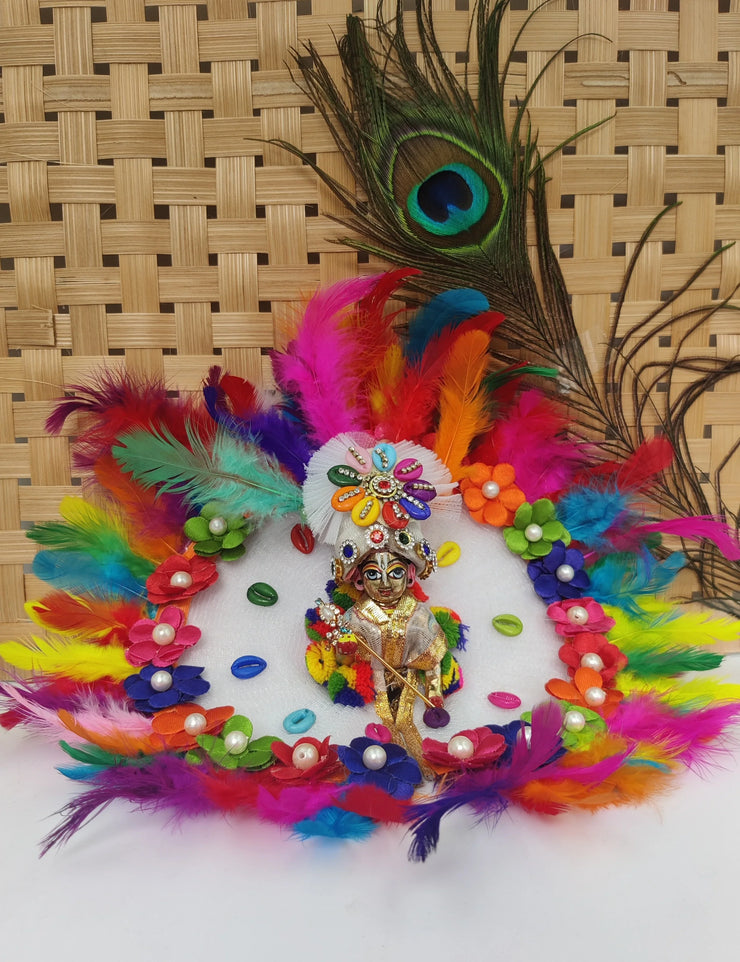 laddu gopal feather with Multi colour butti dress with pagdi