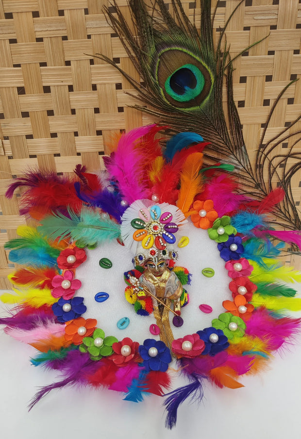 laddu gopal feather with Multi colour butti dress with pagdi