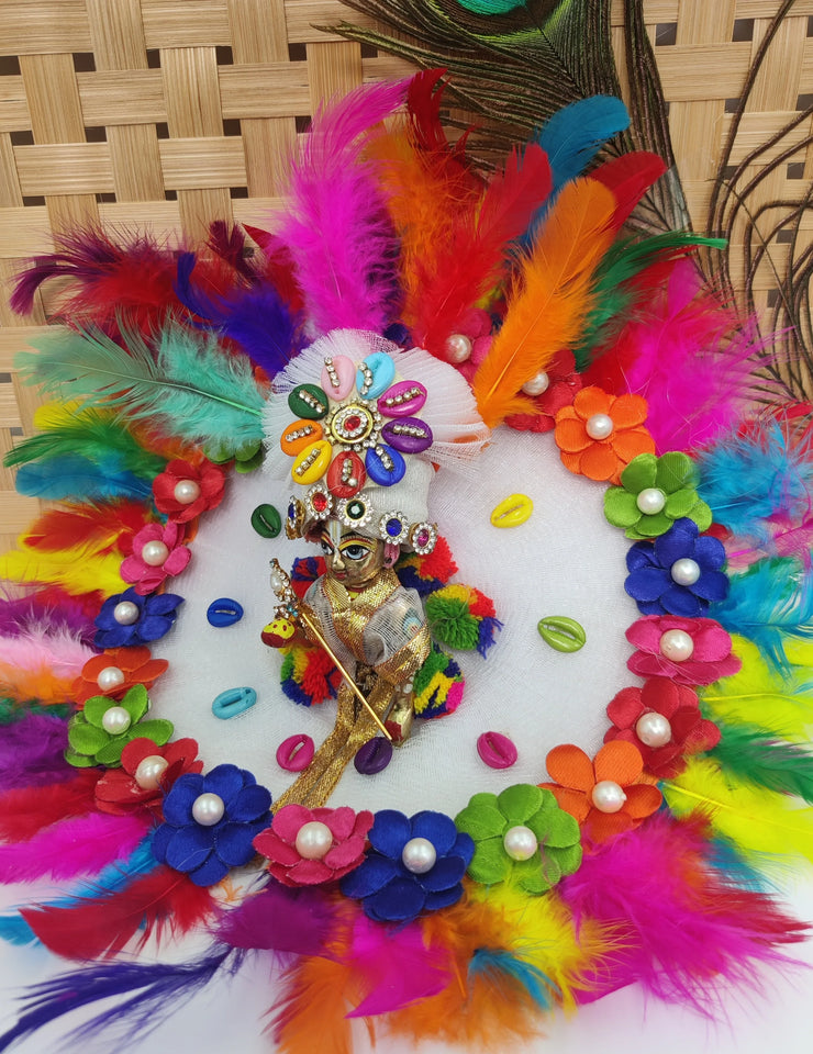 laddu gopal feather with Multi colour butti dress with pagdi