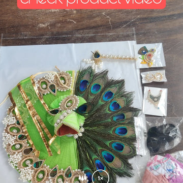 Diwali shringar full green morpankh dress, mala, bansuri, kangan, nappy, hair and kalangi combo for laddu gopal ji