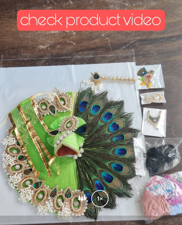 Diwali shringar full green morpankh dress, mala, bansuri, kangan, nappy, hair and kalangi combo for laddu gopal ji