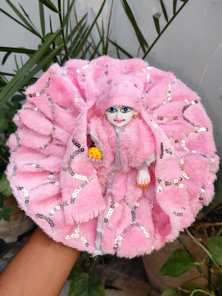 Laddu gopal topi muffler woolen furr washable pink dress special for winter