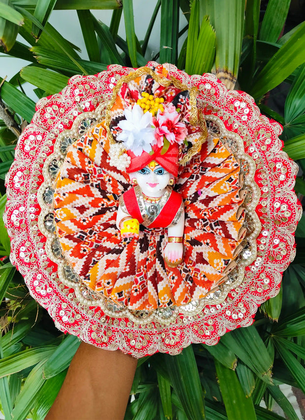 Bandhej lace designer  dress for laddu gopal with pagdi and choli