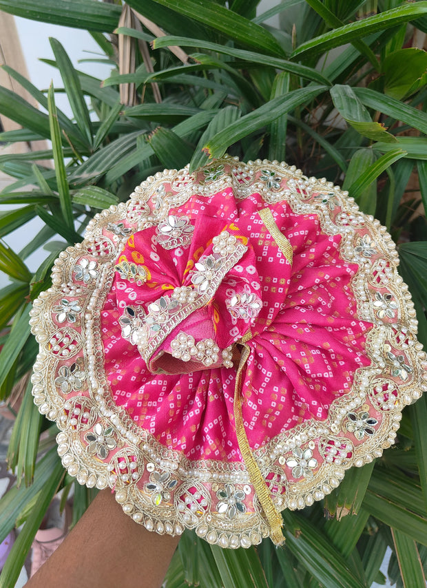 Heavy pink color bhandej dress for laddu gopal ji with pagdi