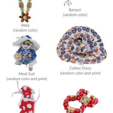 Mala, Bansuri, Dangri Suit, Modi suit, Cotton dress & Kangan Combo for laddu gopal ji