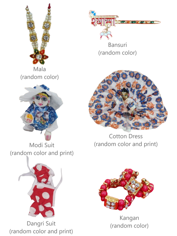 Mala, Bansuri, Dangri Suit, Modi suit, Cotton dress & Kangan Combo for laddu gopal ji