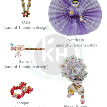 Mala, bansuri, kangan, heavy pagadi & net dress combo for laddu gopal ji