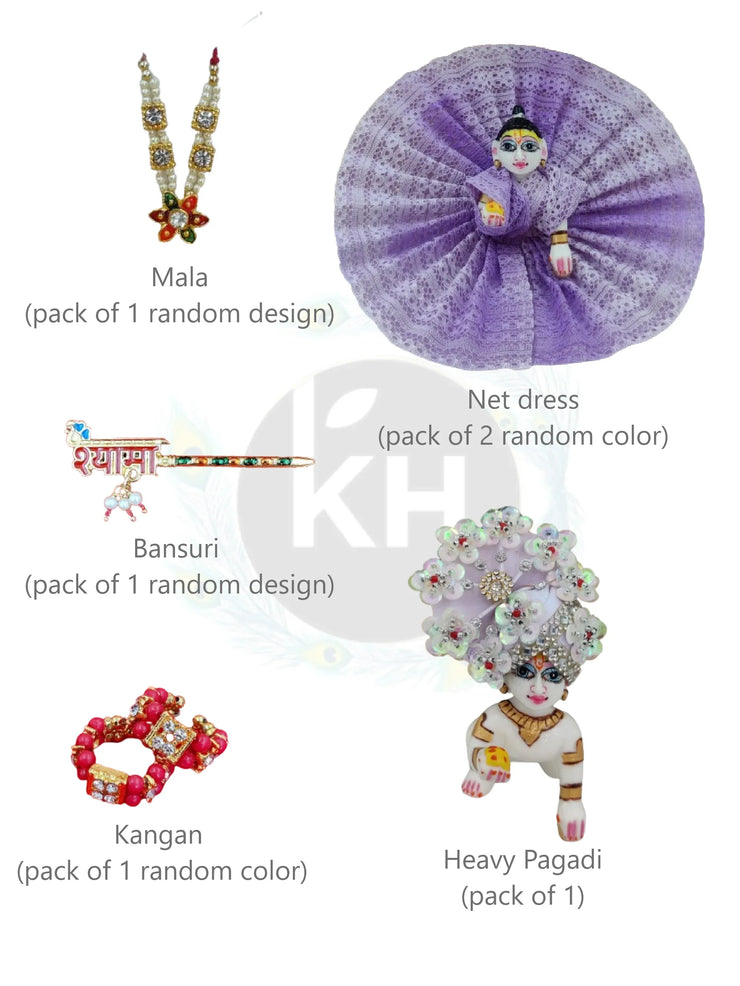 Mala, bansuri, kangan, heavy pagadi & net dress combo for laddu gopal ji