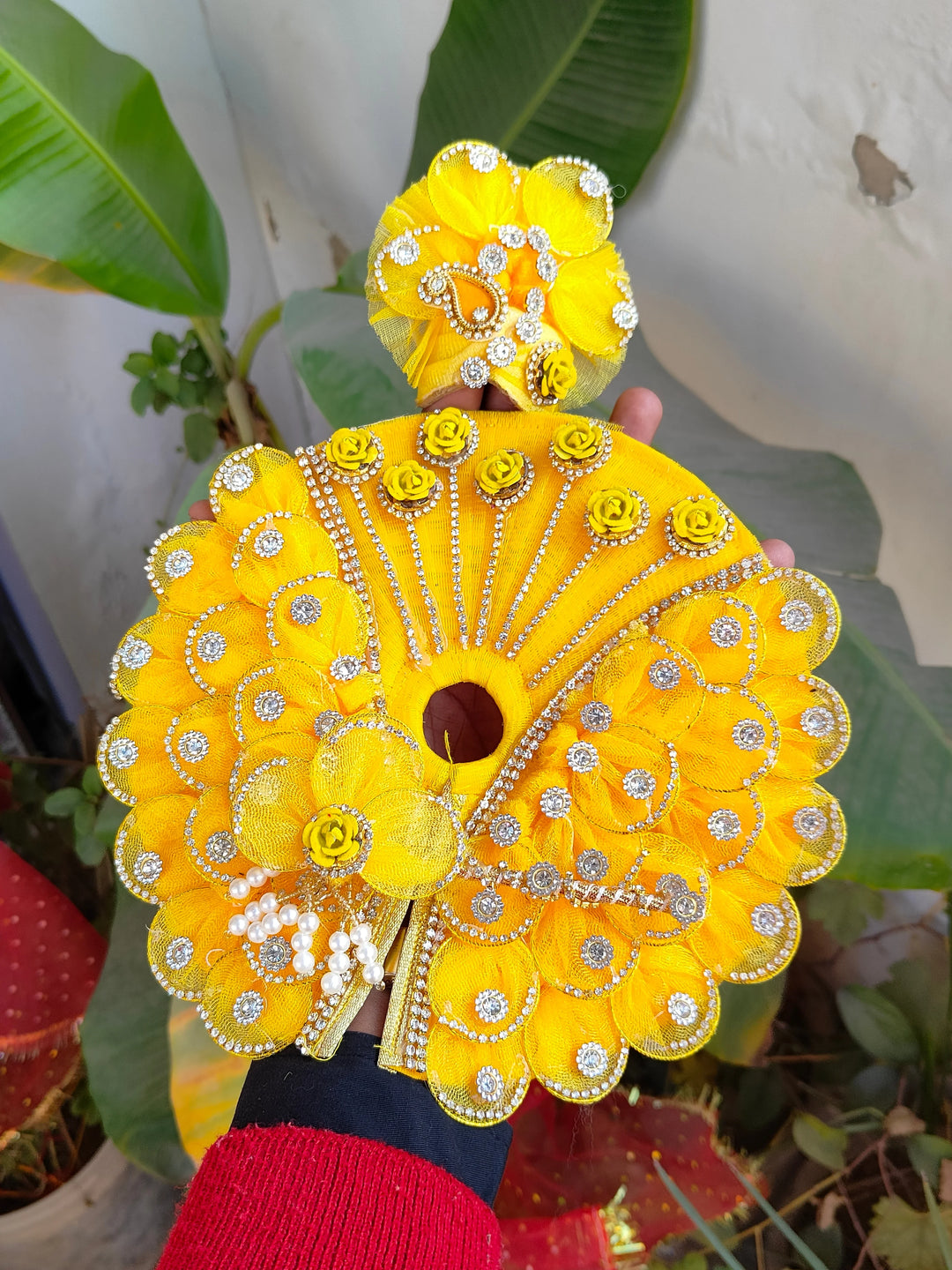 designs of laddu gopal dresses Yellow & Pink Floral Designer Dress For Laddu Gopal Ji With Pagdi Choli   VenuMadhavStore: Your Gateway to Laddu Gopal Ji's Finest Poshak &  Accessories